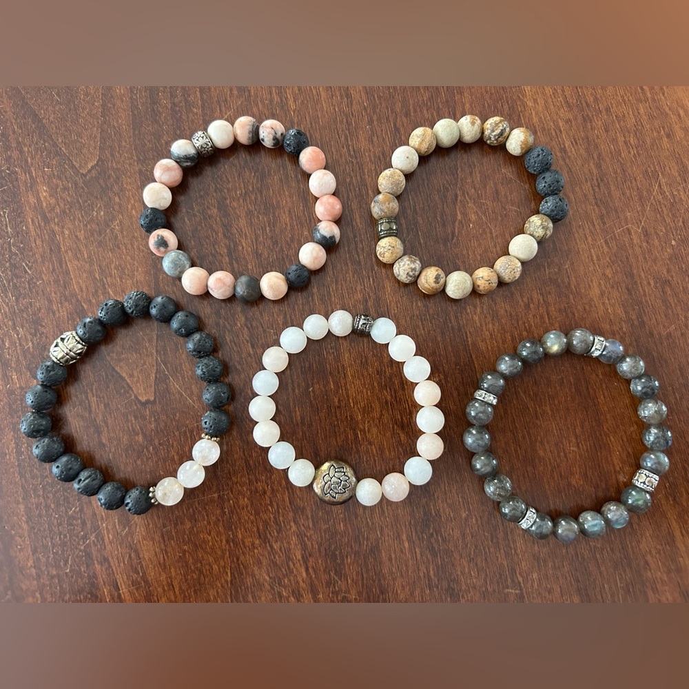 Lot of 5 Natural Gemstone and lava beaded bracelets
